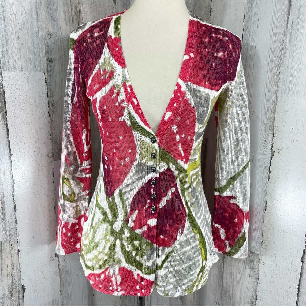 NIC+ZOE Women’s Pink Beige Linen Blend Open Knit Button Dow Cardigan Sweater XS